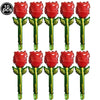 Ten red heart letter balloons with a foil finish on green stems