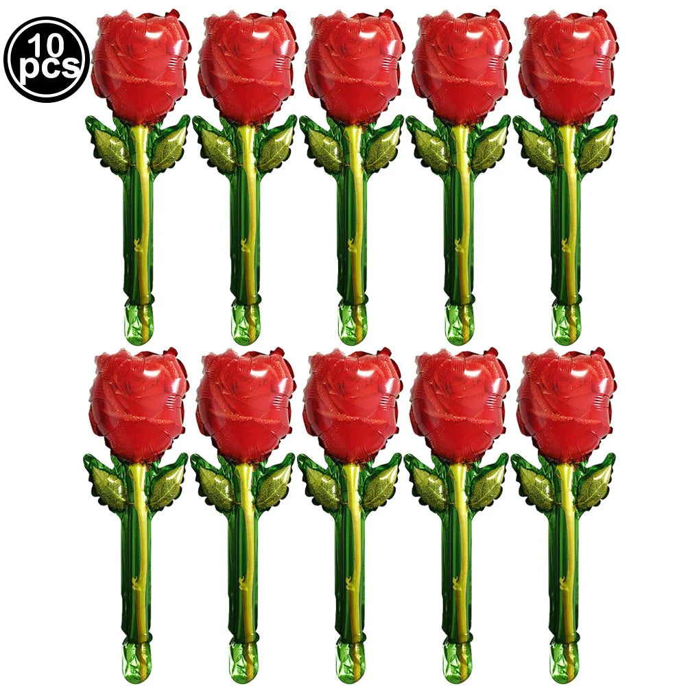 Ten red heart letter balloons with a foil finish on green stems