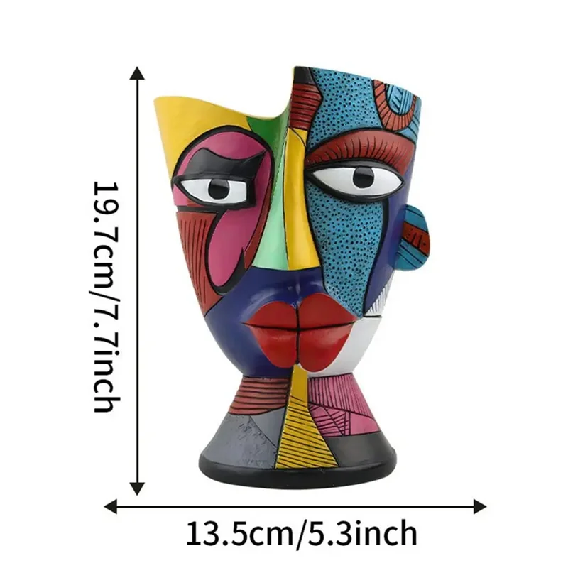 A colorful abstract resin decorative planter pot shaped like a stylized face.