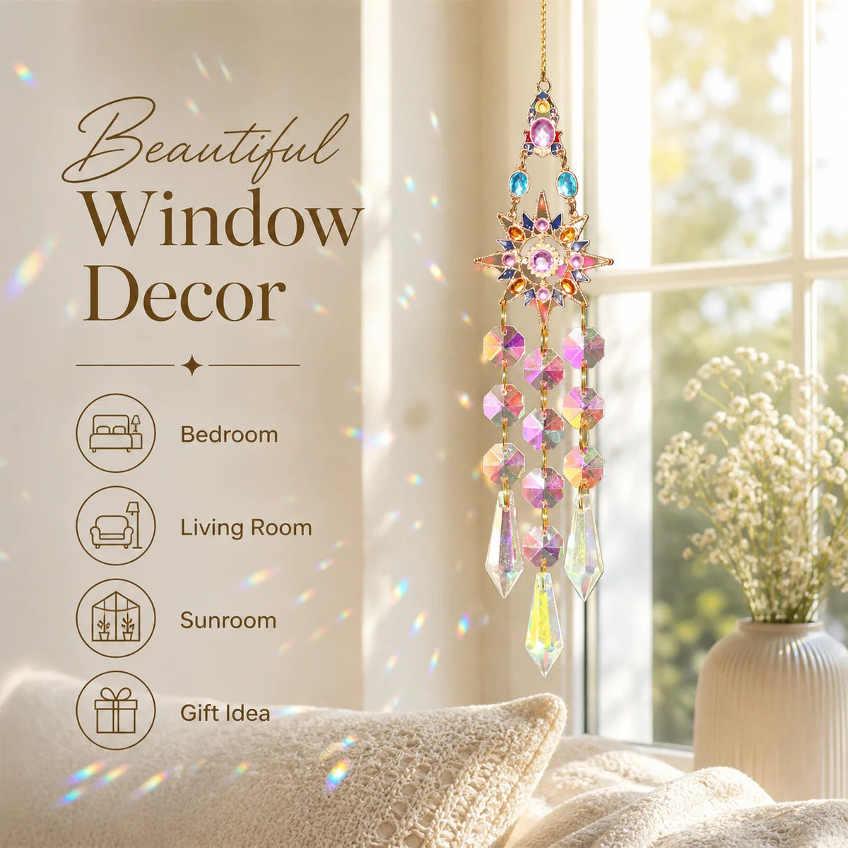 A hanging crystal sun catcher window pendant with multiple colored crystals illuminates a bright room.