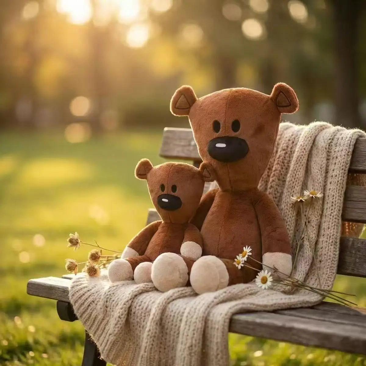 A brown teddy bear sits on a wooden bench outdoors with soft sunlight and a knitted blanket.