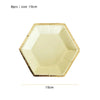 A set of eight gold disposable party plates with a hexagonal shape and a 10cm size.
