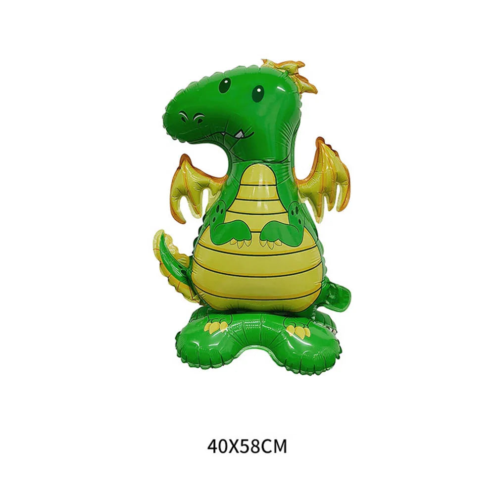 A bright green foil balloon shaped like a small dragon or lizard with yellow accents.