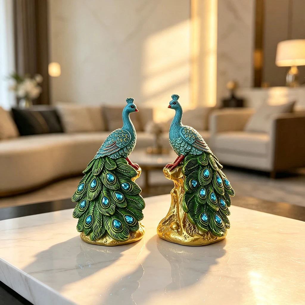 Elegant golden peacock statue with vibrant green feathers and blue crystal accents