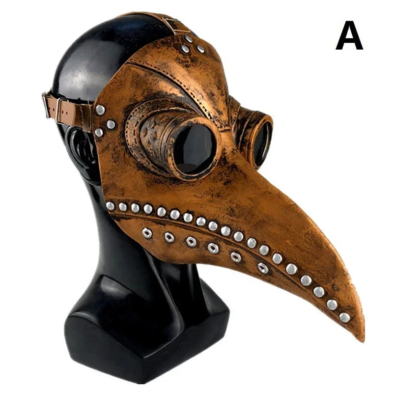 A bronze plague doctor bird mask mounted on a black display stand.