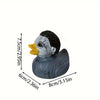 A gray duck figurine with a black striped head and yellow beak, shown with dimensions.