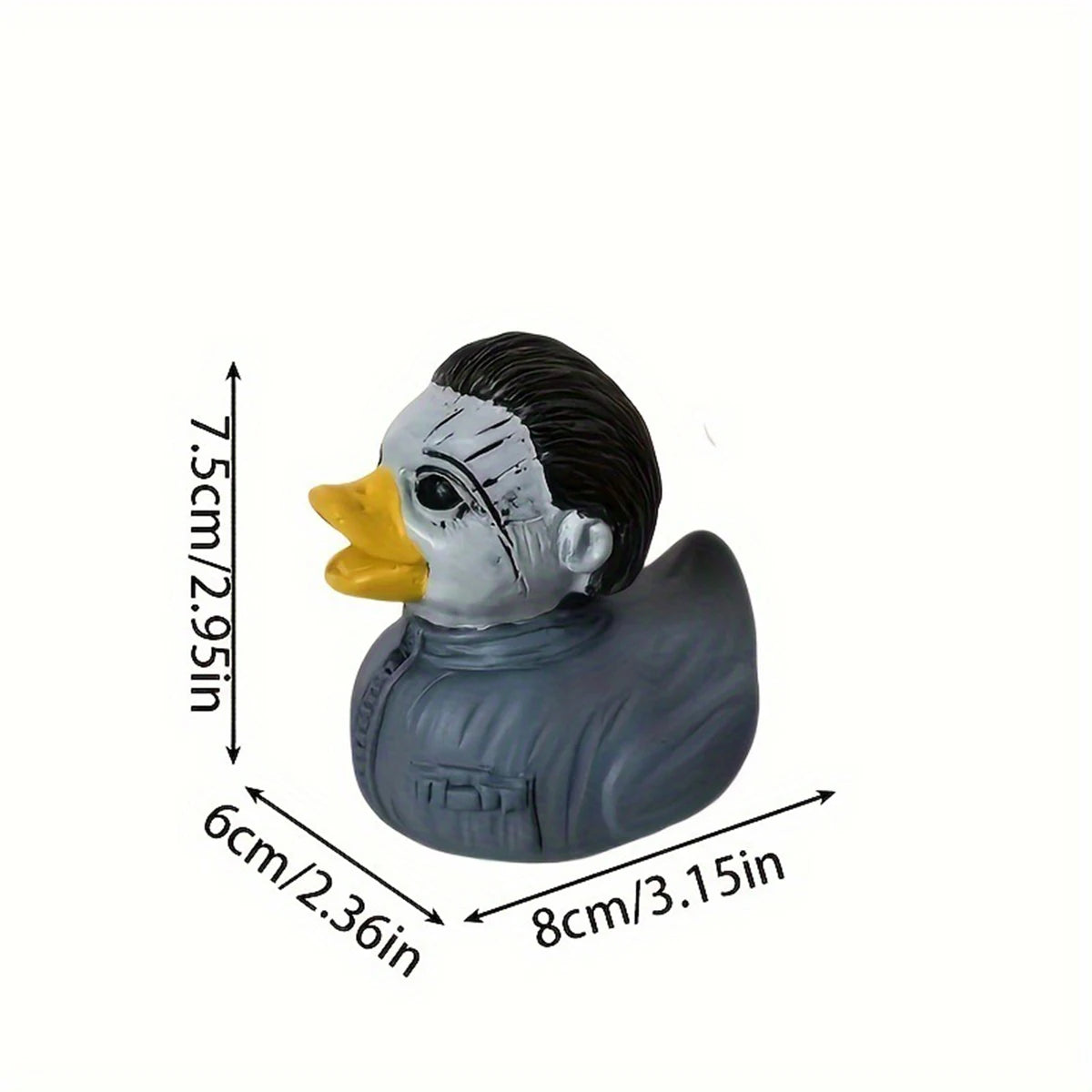 A gray duck figurine with a black striped head and yellow beak, shown with dimensions.