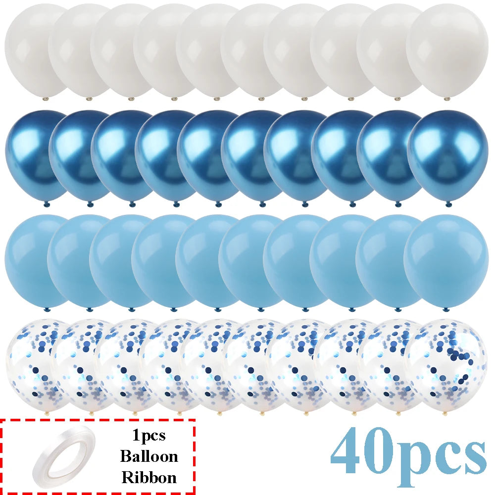 Set von 40 matten Latexballons in verschiedenen Blau- und Weißtönen mit Schleifen zum Konfetti-Dekor