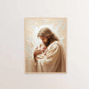 A painting depicting Jesus Christ holding a baby, rendered in soft, light tones.