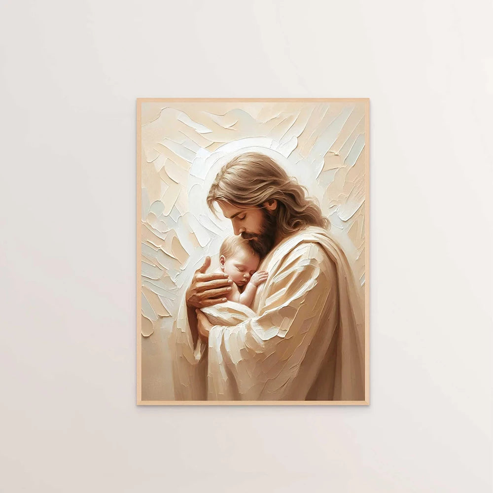 A painting depicting Jesus Christ holding a baby, rendered in soft, light tones.