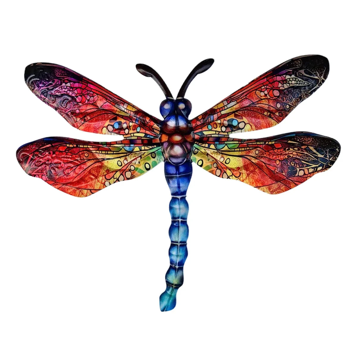 A vibrant, detailed sculpture of a dragonfly with iridescent wings and blue body.