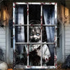 A scary Halloween window curtain banner featuring a distressed face peering through a metal grate window.