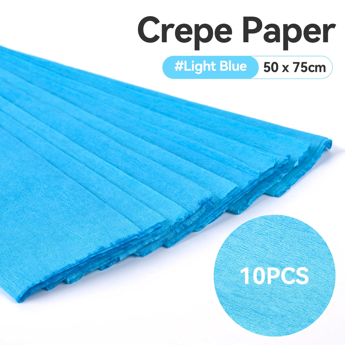 A stack of light blue crepe paper sheets, 10 pieces, shown in a close-up view.