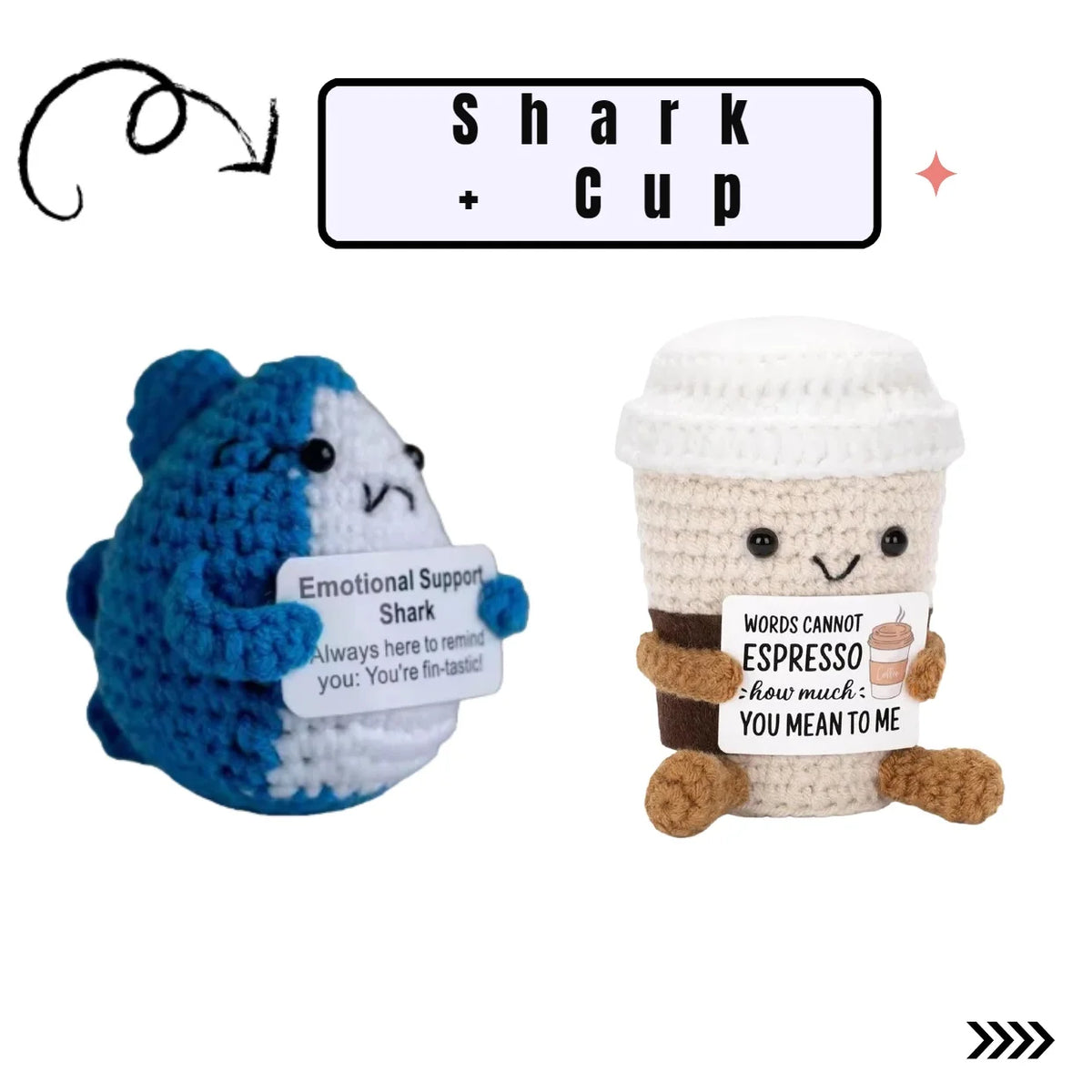 A blue and white knitted plush shark character with an emotional support tag next to a beige cup plush.