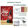 Installation options for a vintage red Coca-Cola metal wall sign, showing mounting methods for walls and fences.