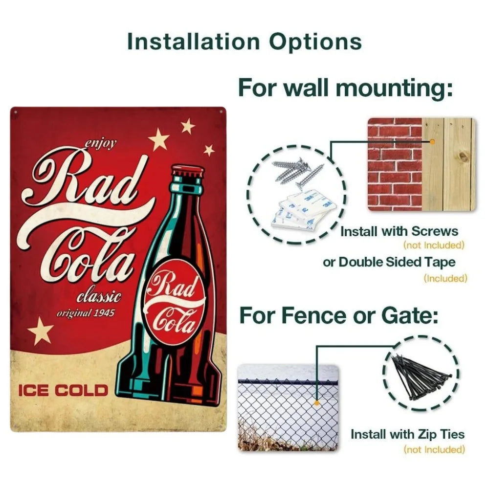 Installation options for a vintage red Coca-Cola metal wall sign, showing mounting methods for walls and fences.
