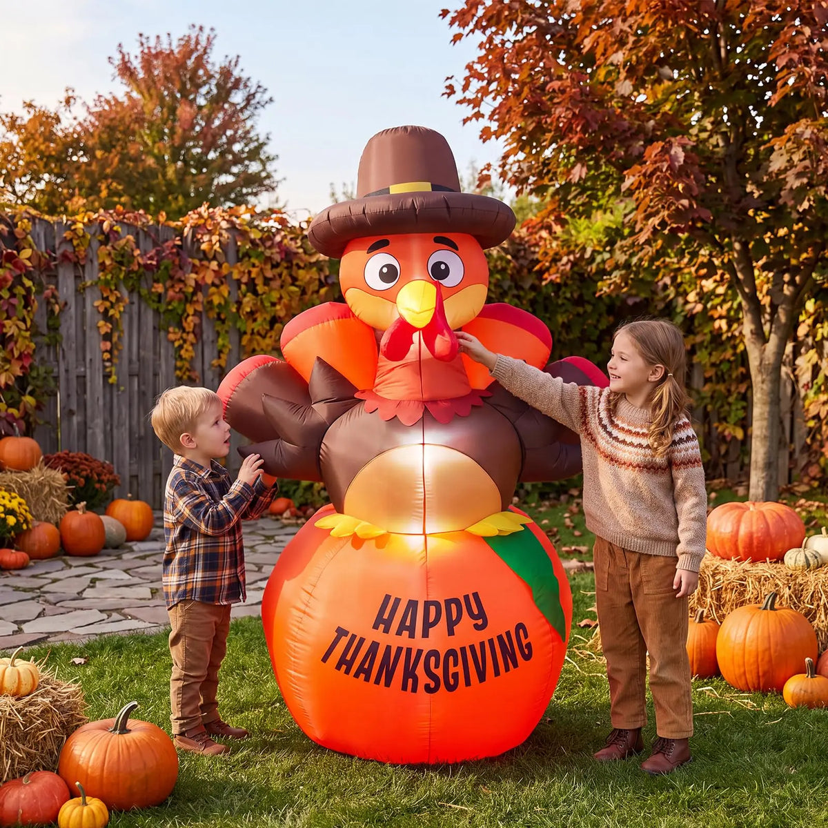 A large inflatable pumpkin turkey with LED lights is displayed outdoors in a grassy yard.