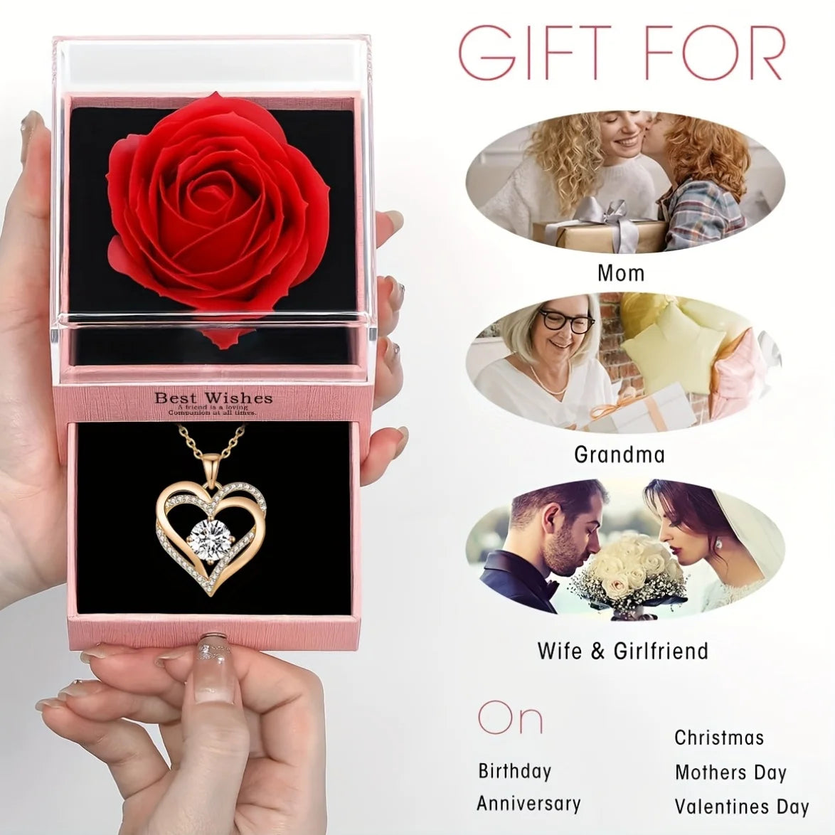 A gift set featuring a red rose and a heart pendant necklace presented in a pink box for various occasions.