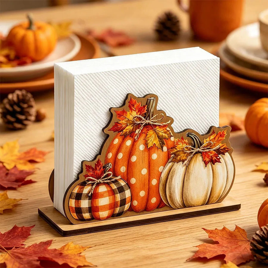 Wooden Autumn Napkin Holder with Pumpkin & Maple Leaf Design