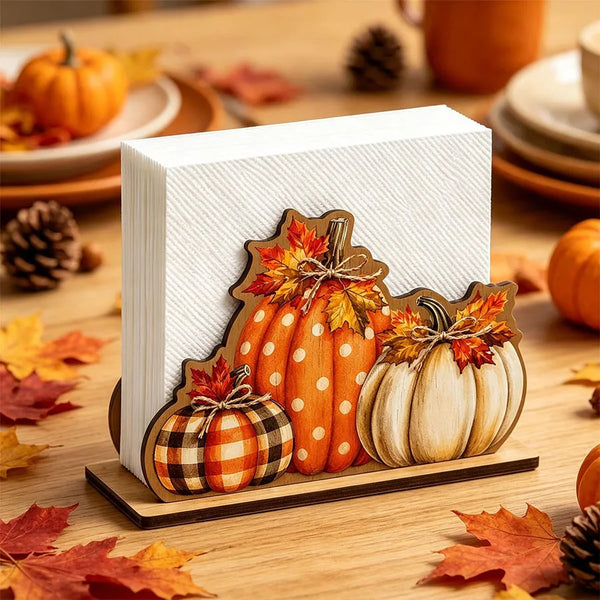 Wooden napkin holder featuring carved pumpkins and maple leaves on a light wood background.
