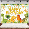 A vibrant dinosaur and jungle themed backdrop for a birthday party featuring dinosaurs, tropical leaves, and colorful bunting