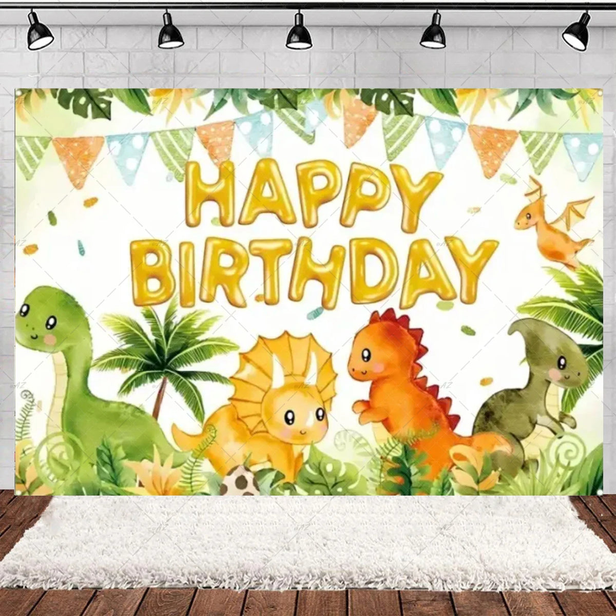 A vibrant dinosaur and jungle themed backdrop for a birthday party featuring dinosaurs, tropical leaves, and colorful bunting