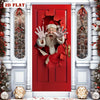 A vintage red door banner featuring a Santa face with white beard and hands, set in an ornate white doorway.