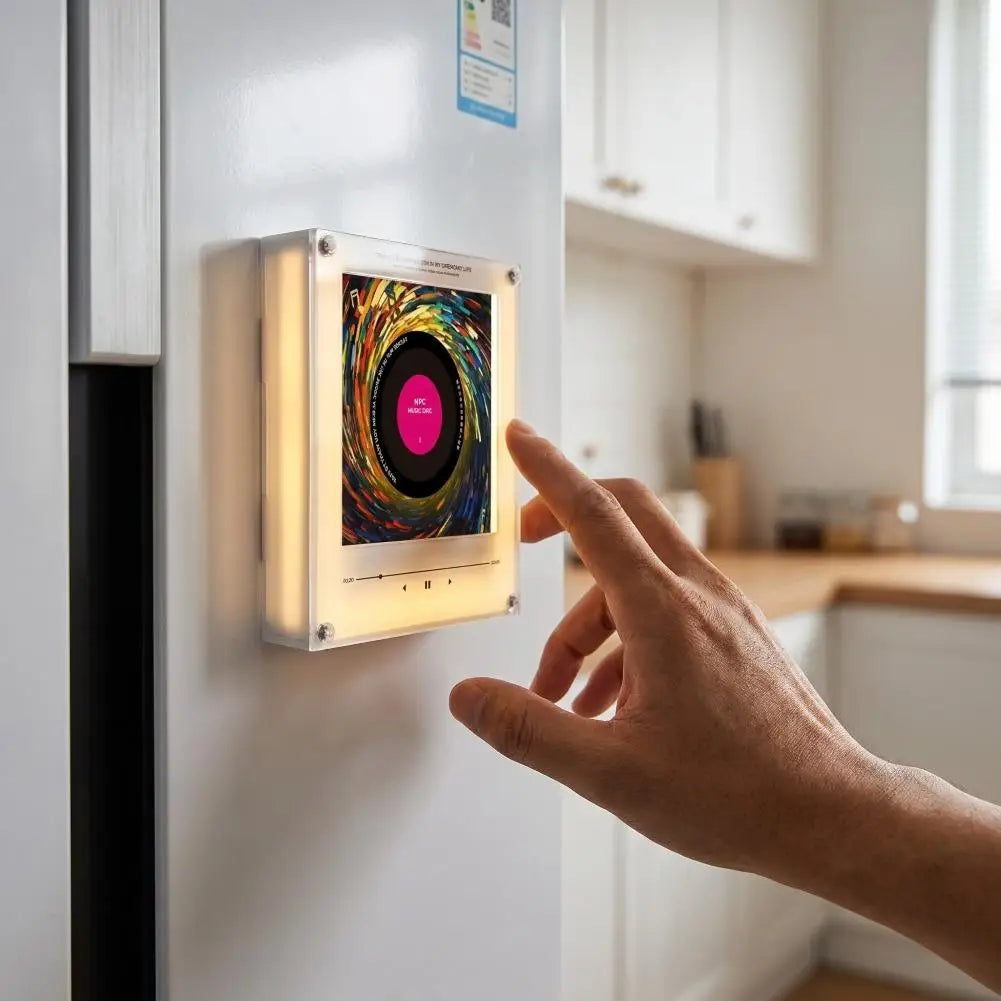 A hand touches a retro NFC music box night light with a rotating disc mounted on a white cabinet door.