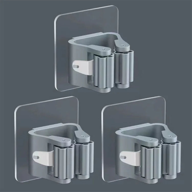 A silver adhesive wall hook designed to hold mops and brushes.