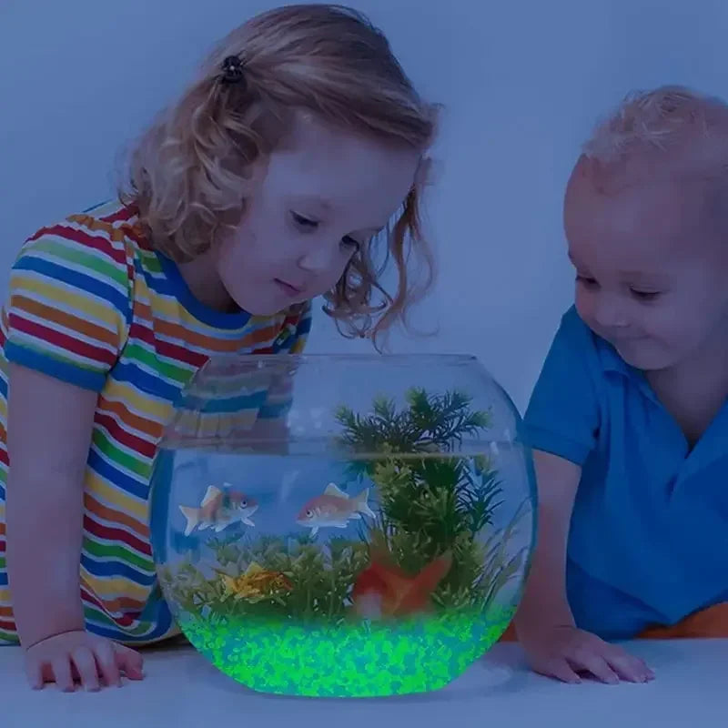 A young child is looking into a clear glass container filled with glowing green luminous pebbles and aquatic plants.