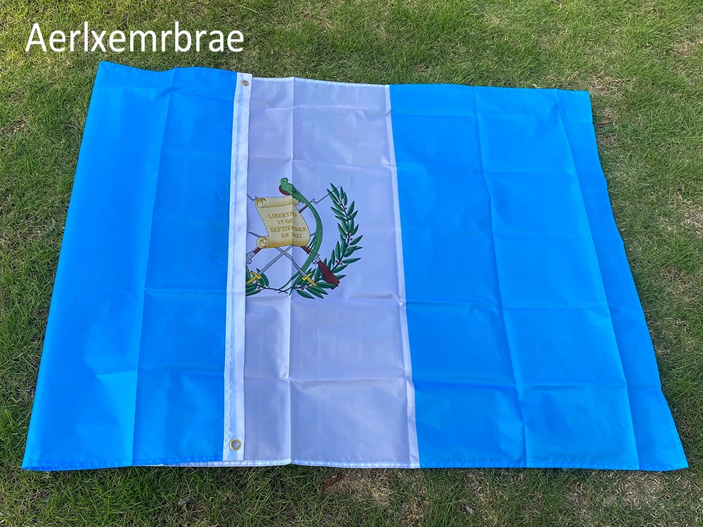 A blue and white flag displayed outdoors on green grass.