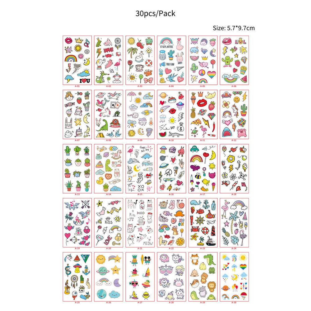 A collection of 30 pieces of waterproof temporary body art stickers featuring various cute and colorful designs.