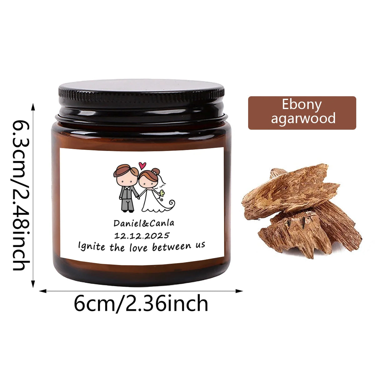 A dark glass jar of Ebony agarwood candle with a black lid and a label featuring a couple.