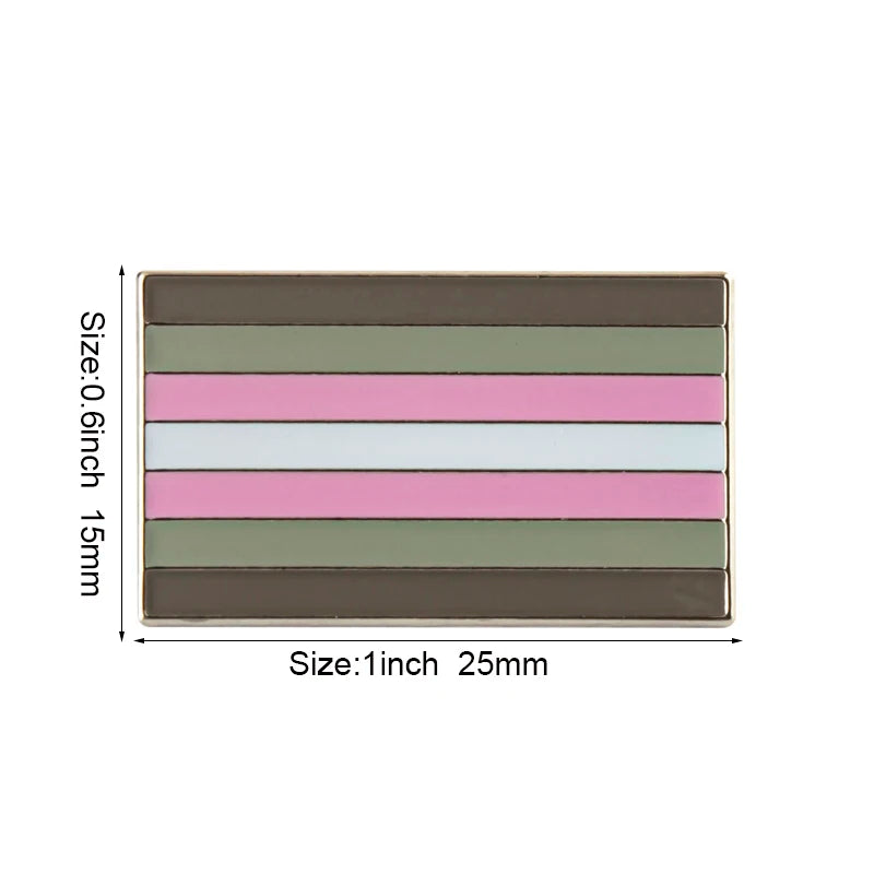 A rectangular lapel pin featuring five horizontal stripes of pastel colors: brown, sage green, pink, light gray, and a darker