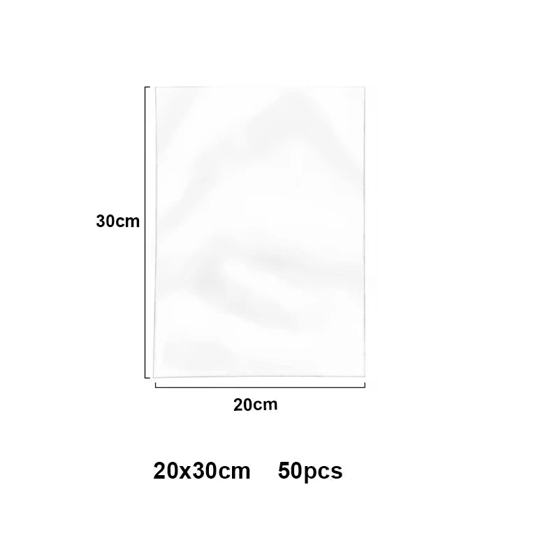 A rectangular white cellophane treat bag with dimensions 20cm by 30cm.