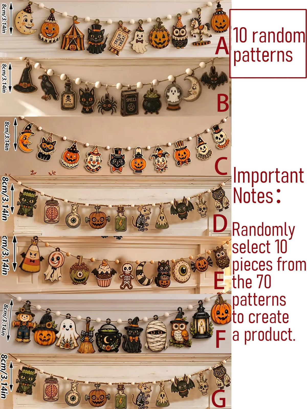 A display of 10 random patterns from a vintage wooden Halloween flag set featuring pumpkins, ghosts, and moons.