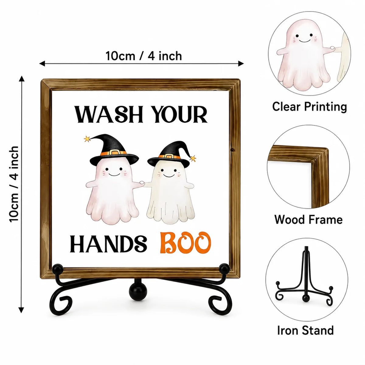 A wooden sign featuring two ghost figures with text that reads Wash Your Hands Boo for bathroom decor.