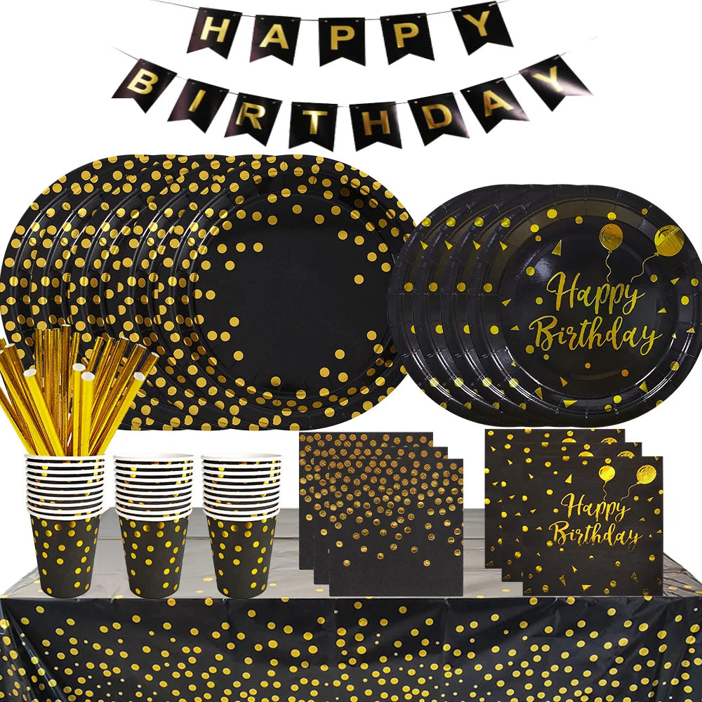 Black and gold disposable dinnerware set including plates, napkins, and cups for a birthday party