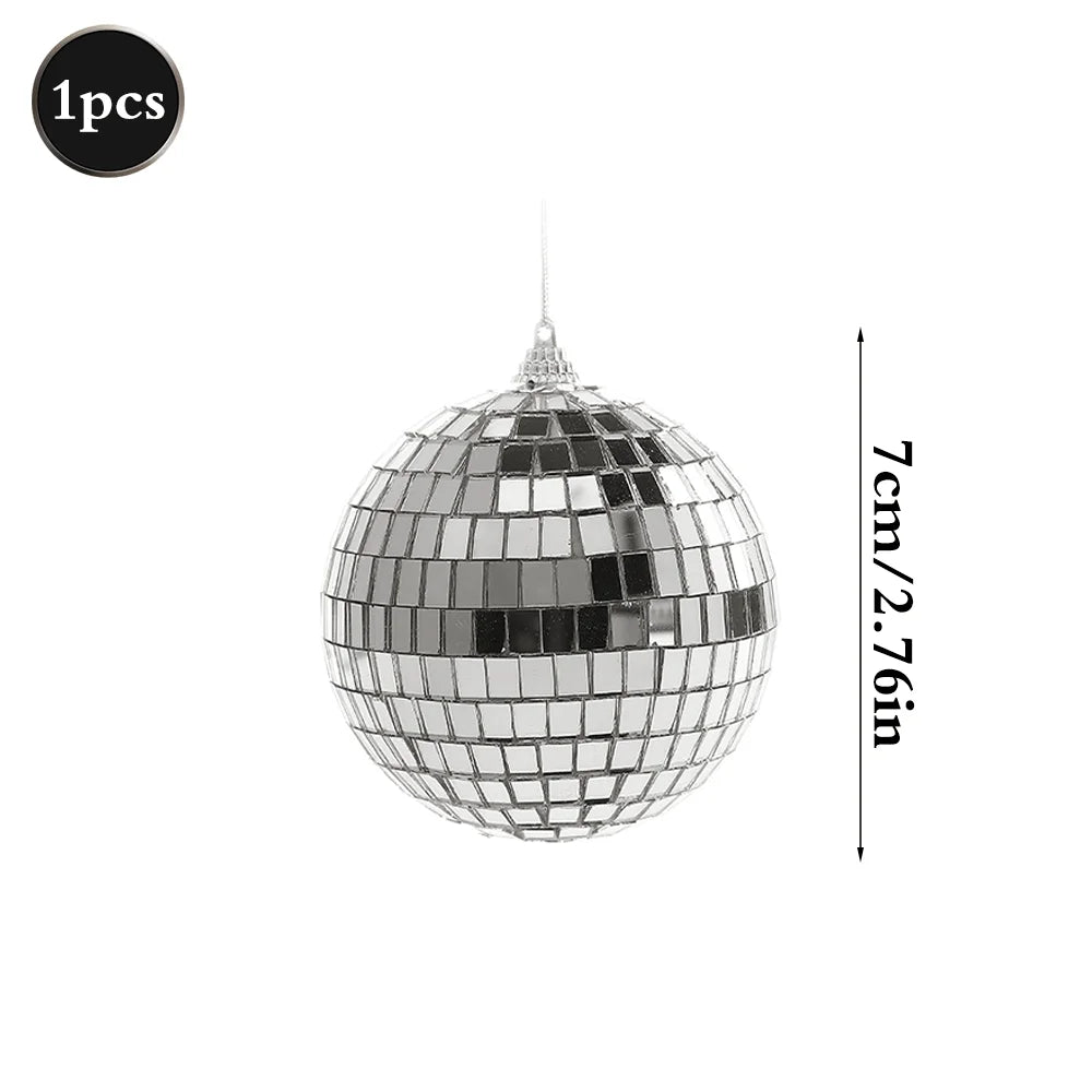 A silver mirror ball sphere with a hanging hook, measuring 7cm/2.76in.