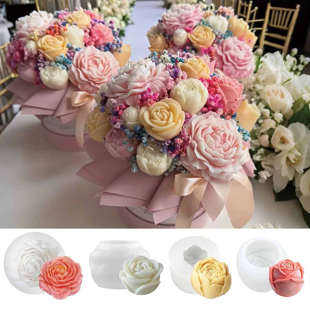 A set of floral silicone candle molds in rose, peony, and camellia shapes.