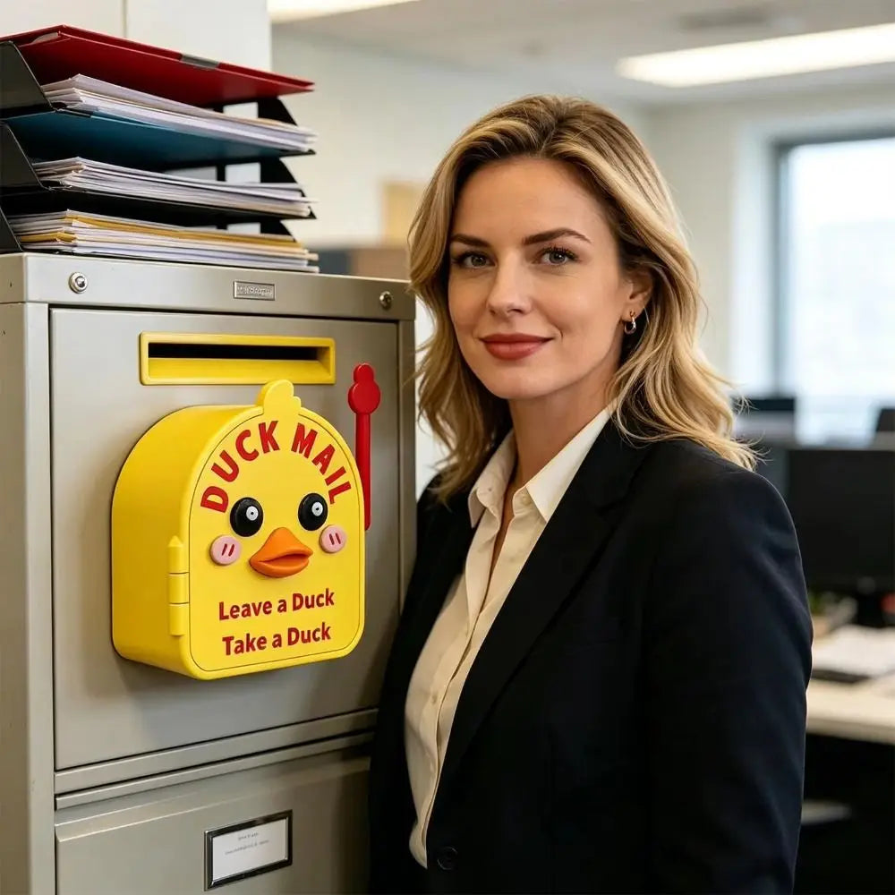 A woman in a blazer stands next to a yellow magnetic mailbox labeled Duck Mail, with stacked papers visible.