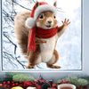 A realistic squirrel with a red scarf and white trim is displayed as a static cling window decoration in a winter setting.