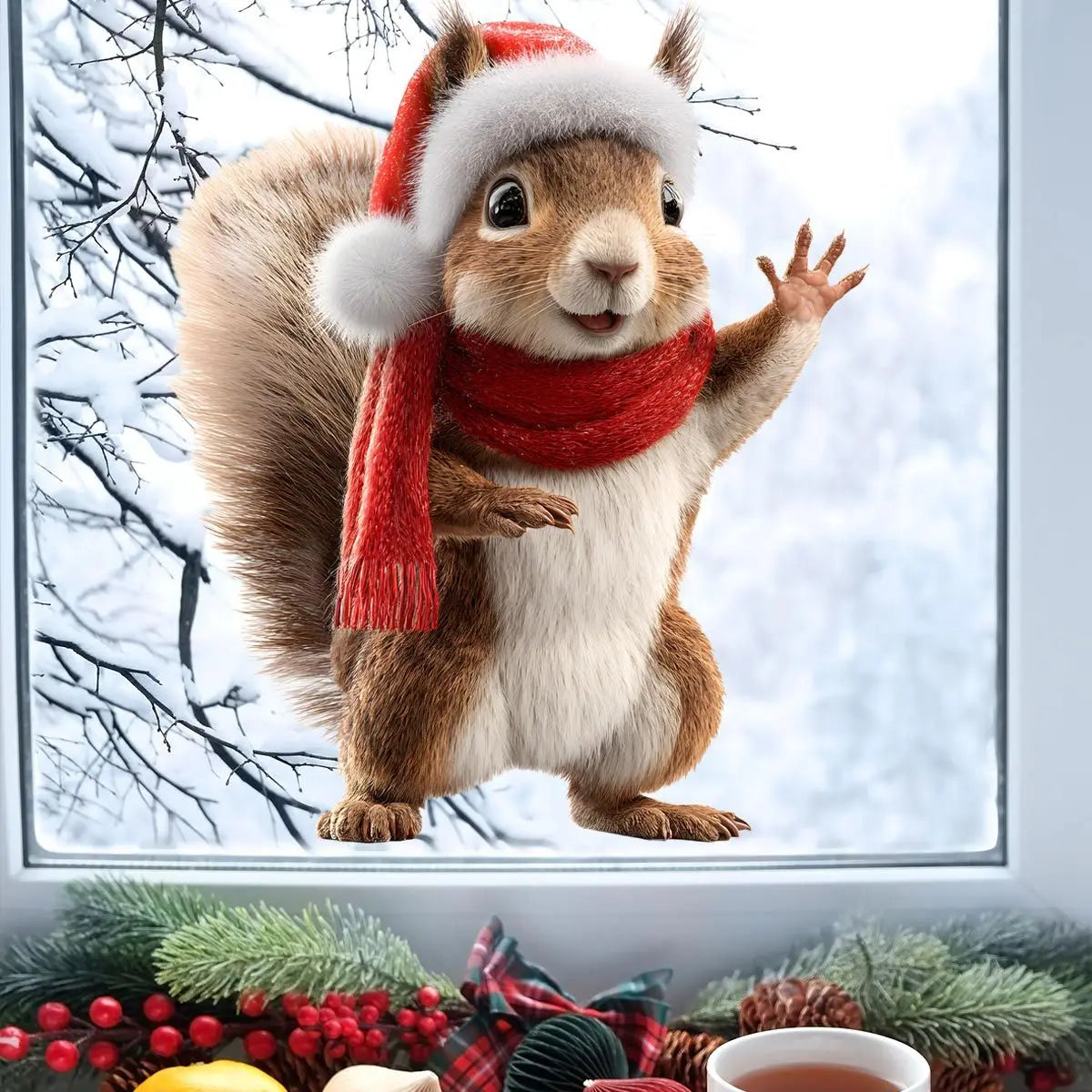 A realistic squirrel with a red scarf and white trim is displayed as a static cling window decoration in a winter setting.