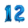 Blue foil number balloons shaped like 1 and 2 for birthday party decor