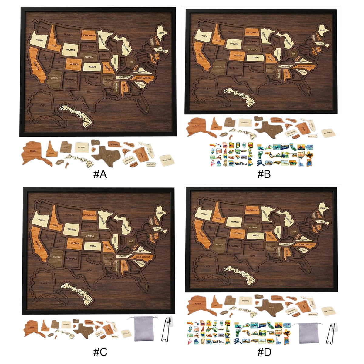 Set aus Holz-USA-Landkarten-Puzzles und interaktiven Aufklebern A, B, C und D.