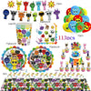 A collection of colorful character figures and plastic pieces for a birthday party set.