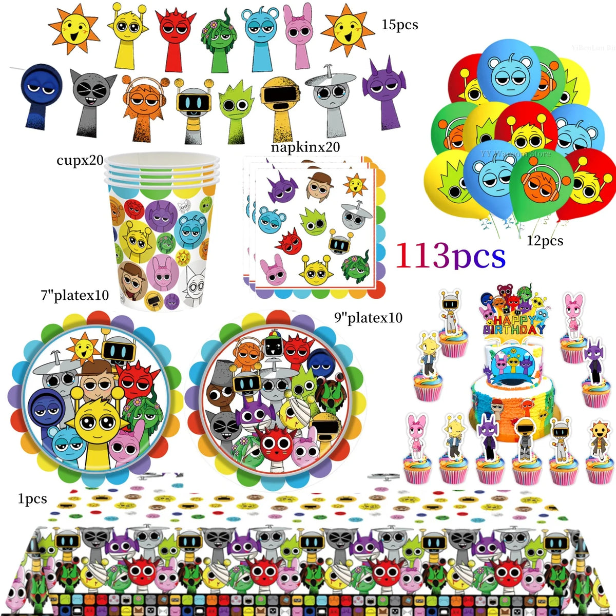 A collection of colorful character figures and plastic pieces for a birthday party set.