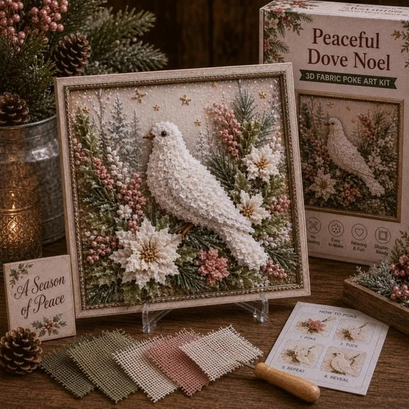 A 3D fabric poke art kit featuring a white bird in a winter forest scene with greenery and flowers.