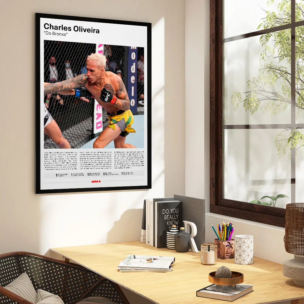 A framed canvas poster featuring a black and white photo of Charles Oliveira in a martial arts setting.