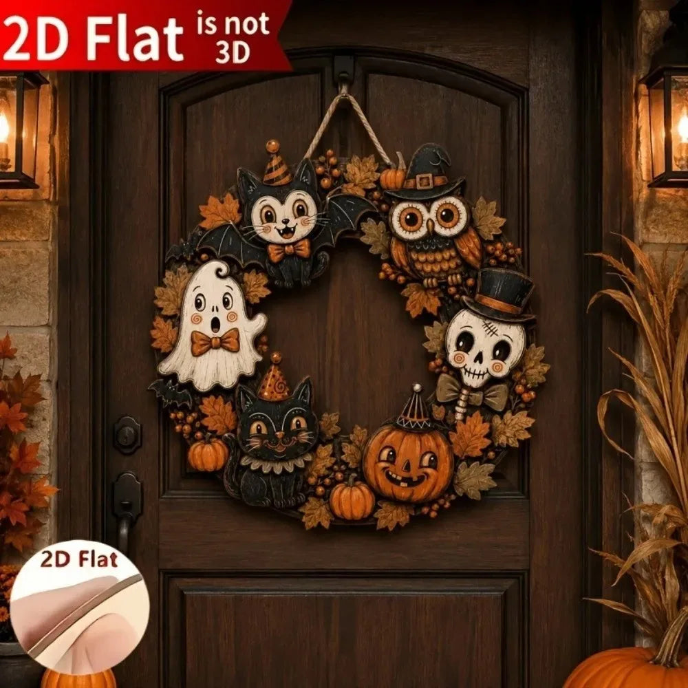 Vintage Halloween wooden wreath featuring cats and a skull for door decoration